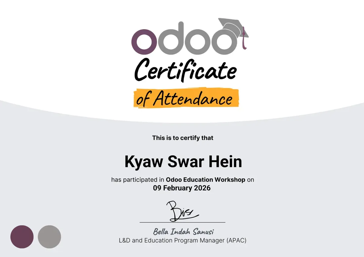 Odoo Education Workshop (APAC) certificate issued to Kyaw Swar Hein
